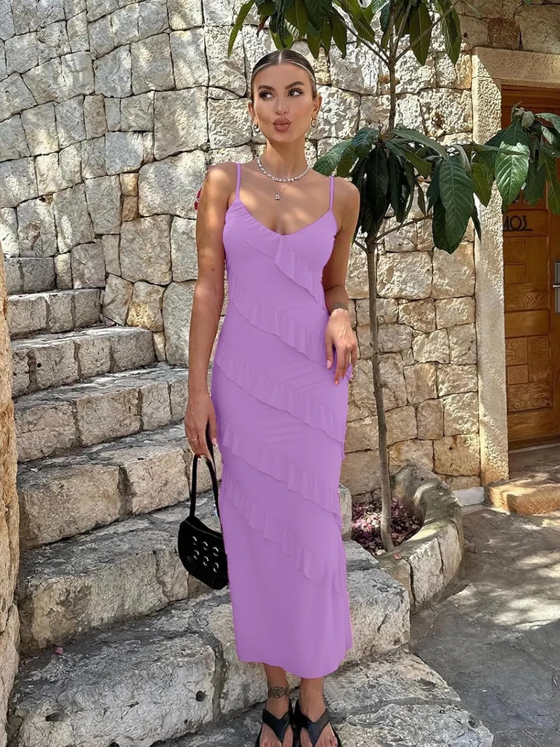 HOCILLE Women's Sexy V Neck Bodycon Spaghetti Strap Elegant Ruffle Maxi Cocktail Party Dresses