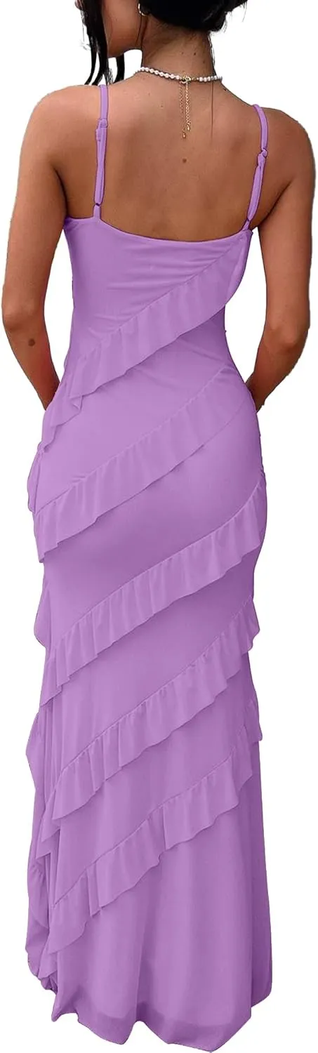 HOCILLE Women's Sexy V Neck Bodycon Spaghetti Strap Elegant Ruffle Maxi Cocktail Party Dresses