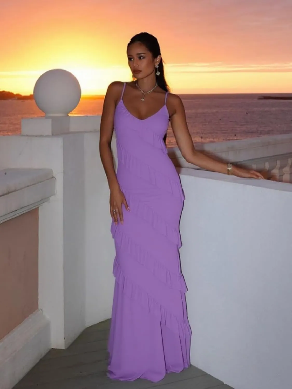 HOCILLE Women's Sexy V Neck Bodycon Spaghetti Strap Elegant Ruffle Maxi Cocktail Party Dresses