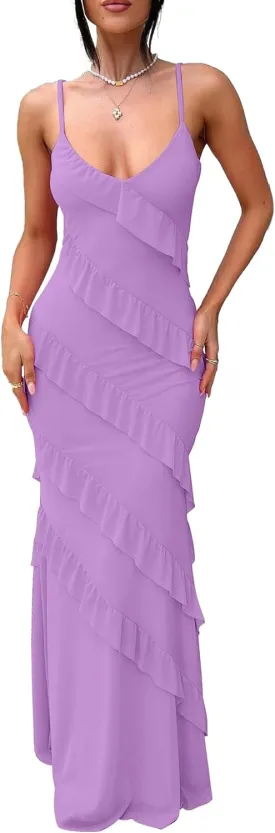 HOCILLE Women's Sexy V Neck Bodycon Spaghetti Strap Elegant Ruffle Maxi Cocktail Party Dresses