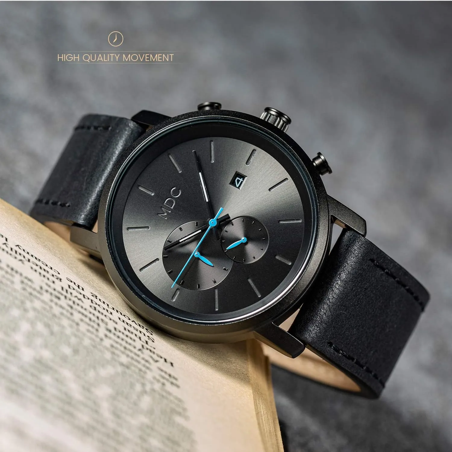 Infantry MDC Mens Black Watch Fashion, Chronograph Quartz Wrist Watches for Men, with Auto Date Waterproof, Genuine Leather Strap