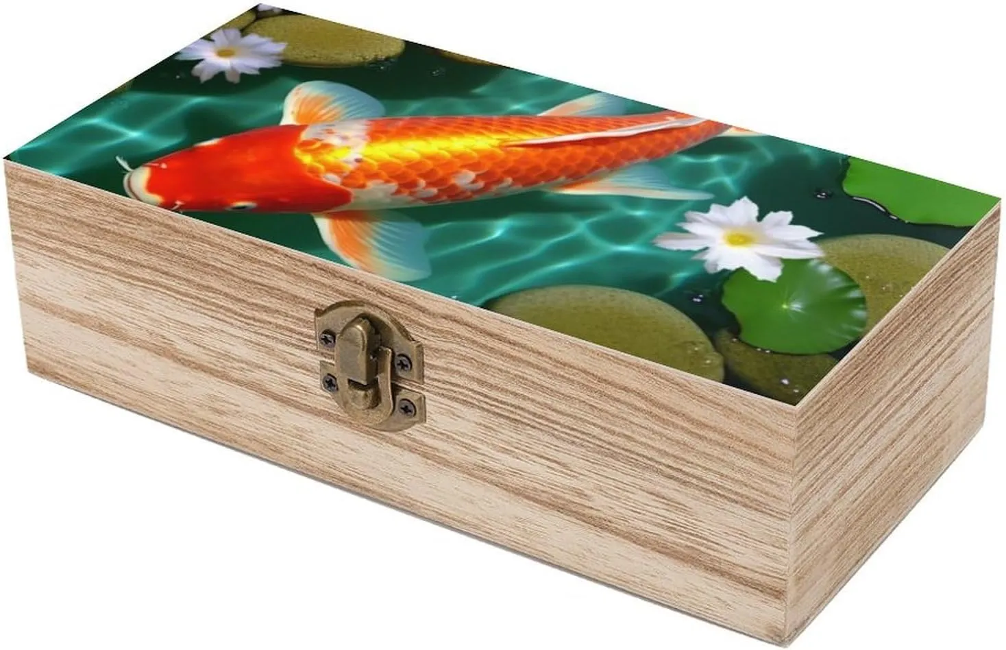 Japanese Carp Wooden Storage Box with Hinged Lock, Decorative Handmade Keepsake Jewelry Chest, Elegant Retro Decor Boxes, Compact Organizer Box for Home, Wedding, Gifts