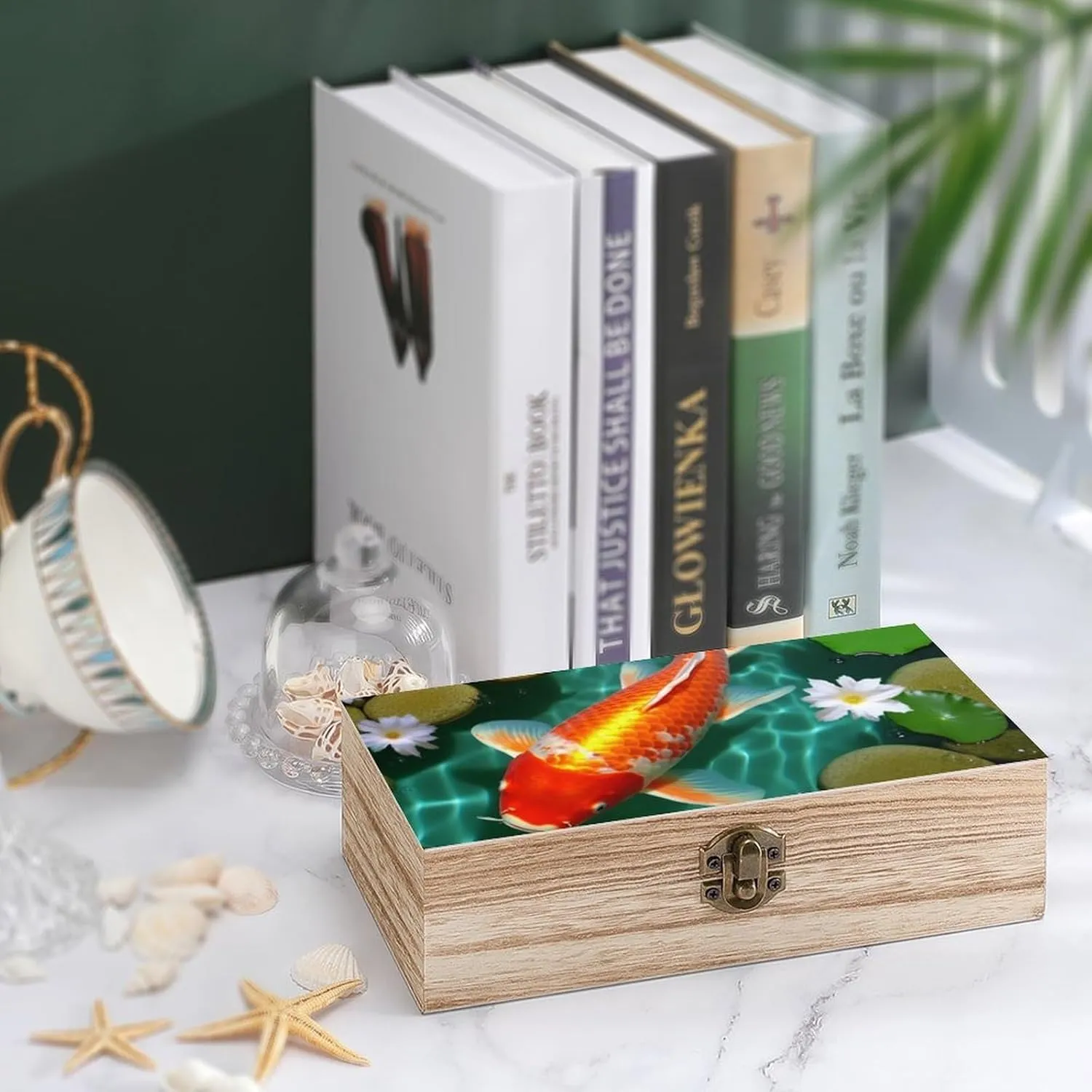 Japanese Carp Wooden Storage Box with Hinged Lock, Decorative Handmade Keepsake Jewelry Chest, Elegant Retro Decor Boxes, Compact Organizer Box for Home, Wedding, Gifts