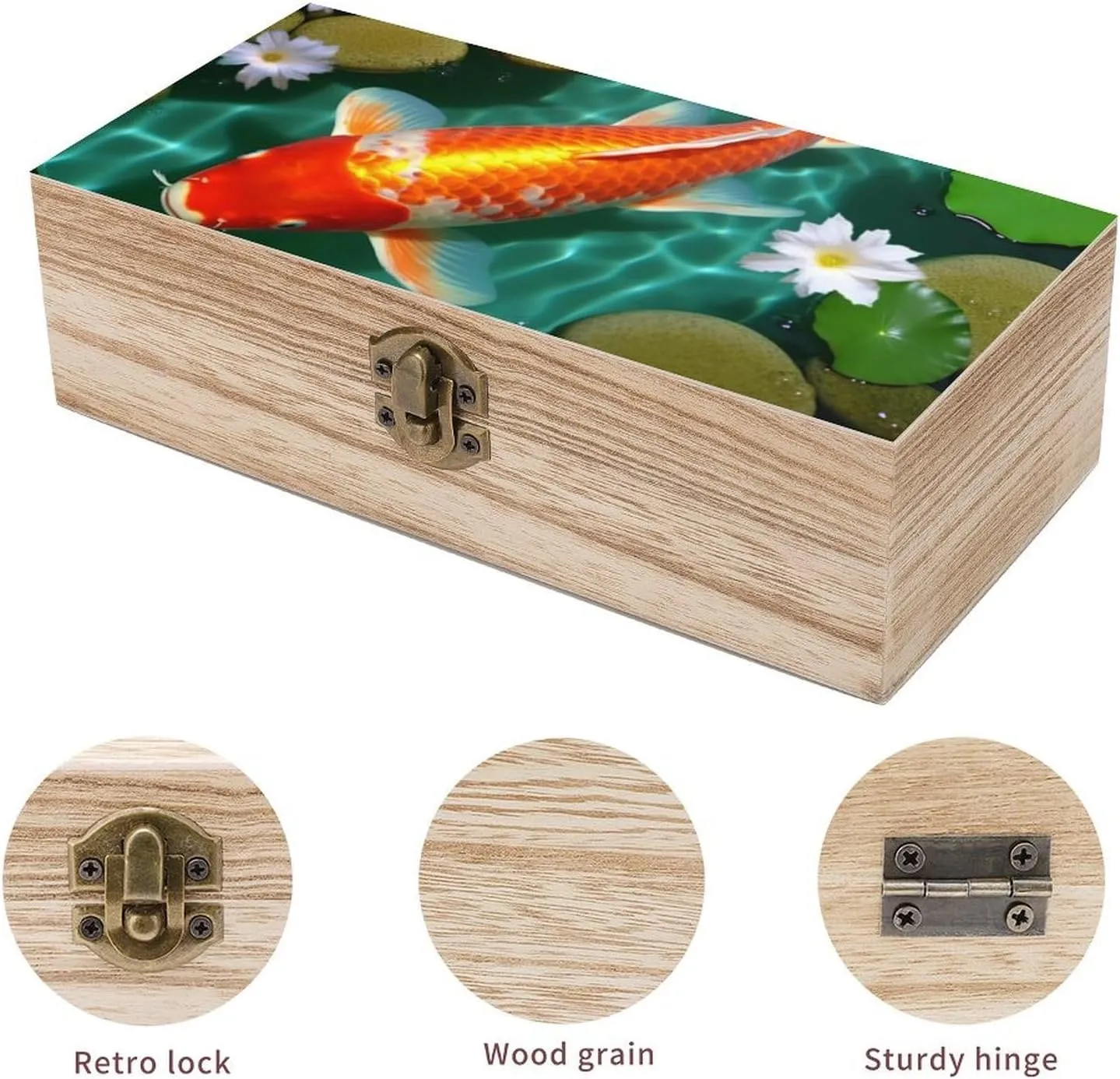 Japanese Carp Wooden Storage Box with Hinged Lock, Decorative Handmade Keepsake Jewelry Chest, Elegant Retro Decor Boxes, Compact Organizer Box for Home, Wedding, Gifts