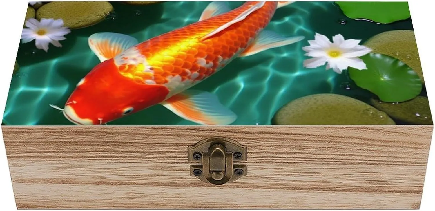 Japanese Carp Wooden Storage Box with Hinged Lock, Decorative Handmade Keepsake Jewelry Chest, Elegant Retro Decor Boxes, Compact Organizer Box for Home, Wedding, Gifts