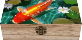 Japanese Carp Wooden Storage Box with Hinged Lock, Decorative Handmade Keepsake Jewelry Chest, Elegant Retro Decor Boxes, Compact Organizer Box for Home, Wedding, Gifts