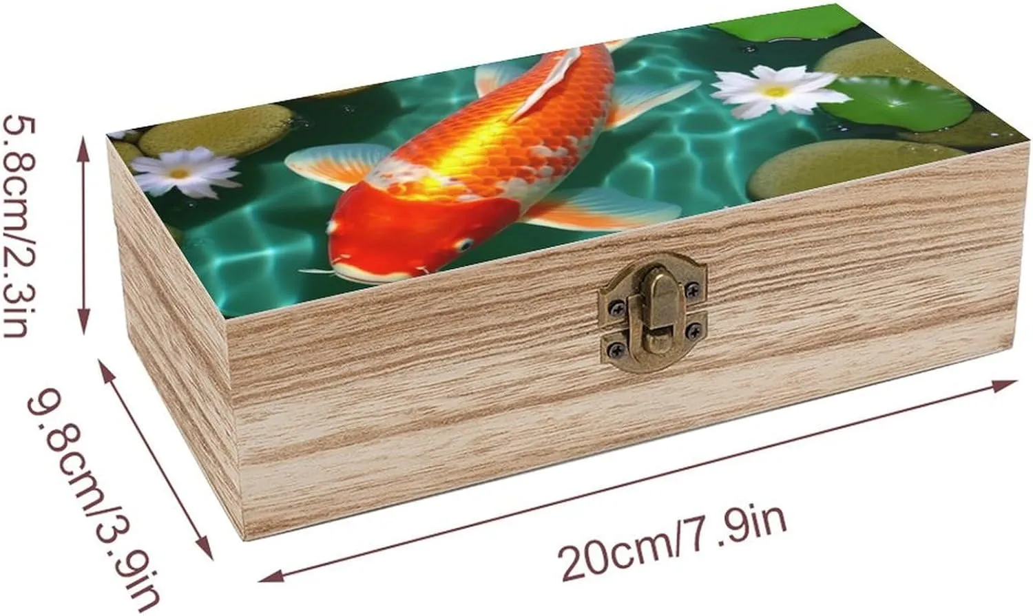 Japanese Carp Wooden Storage Box with Hinged Lock, Decorative Handmade Keepsake Jewelry Chest, Elegant Retro Decor Boxes, Compact Organizer Box for Home, Wedding, Gifts