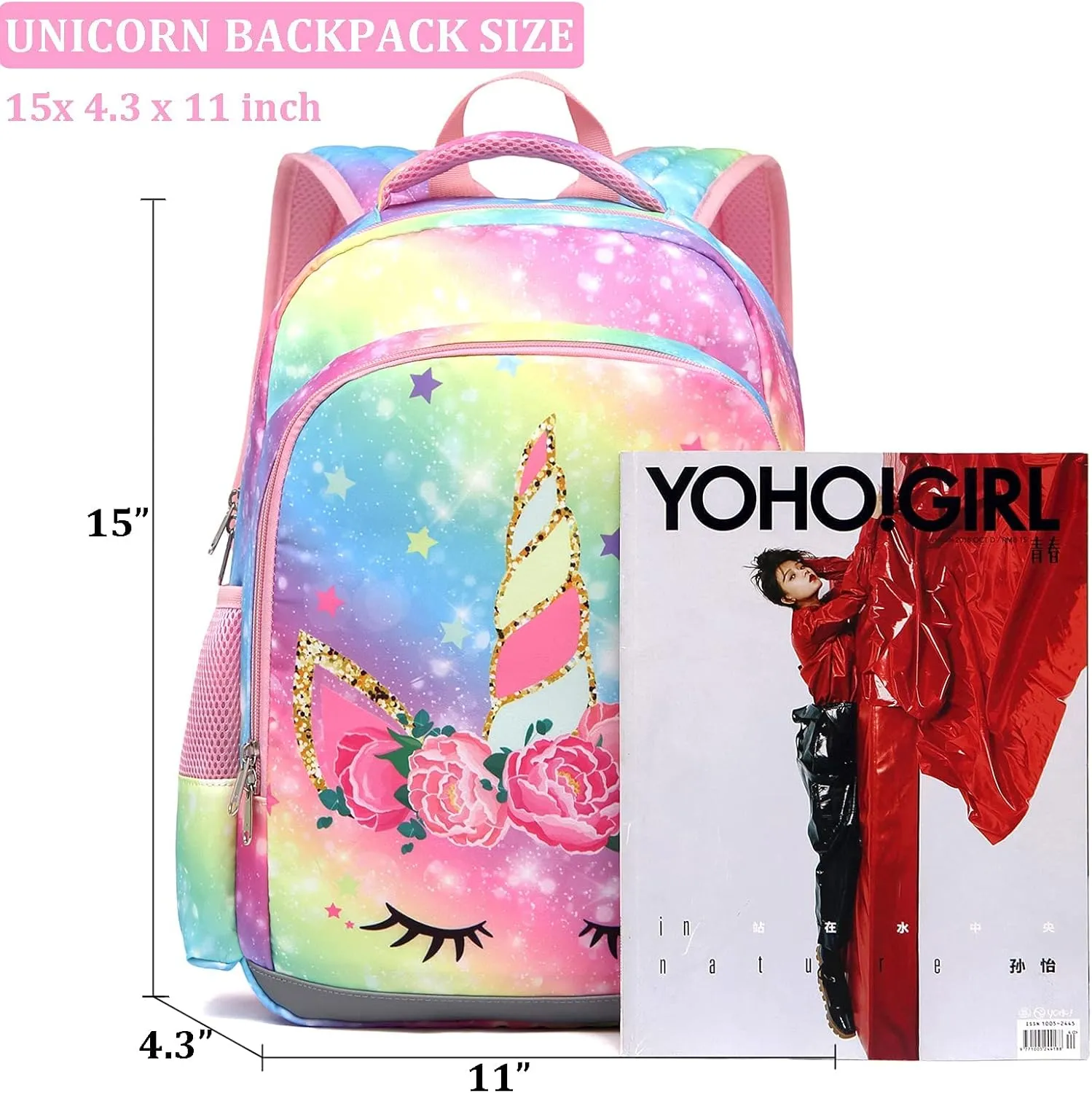 JIANYA Kids Backpack for Girls, Preschool Kindergarten School Bag with Lunch Box & Chest Strap, 15" Tall