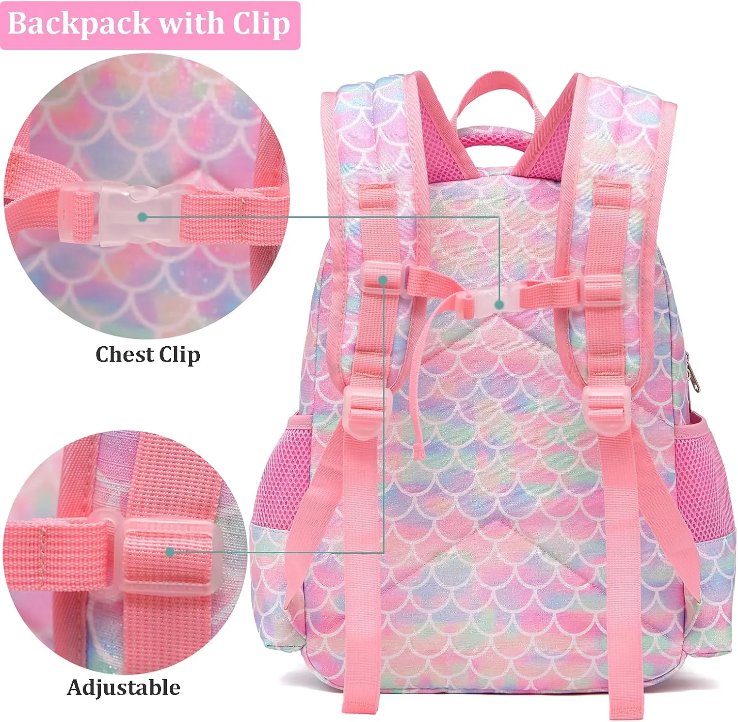JIANYA Kids Backpack for Girls, Preschool Kindergarten School Bag with Lunch Box & Chest Strap, 15" Tall