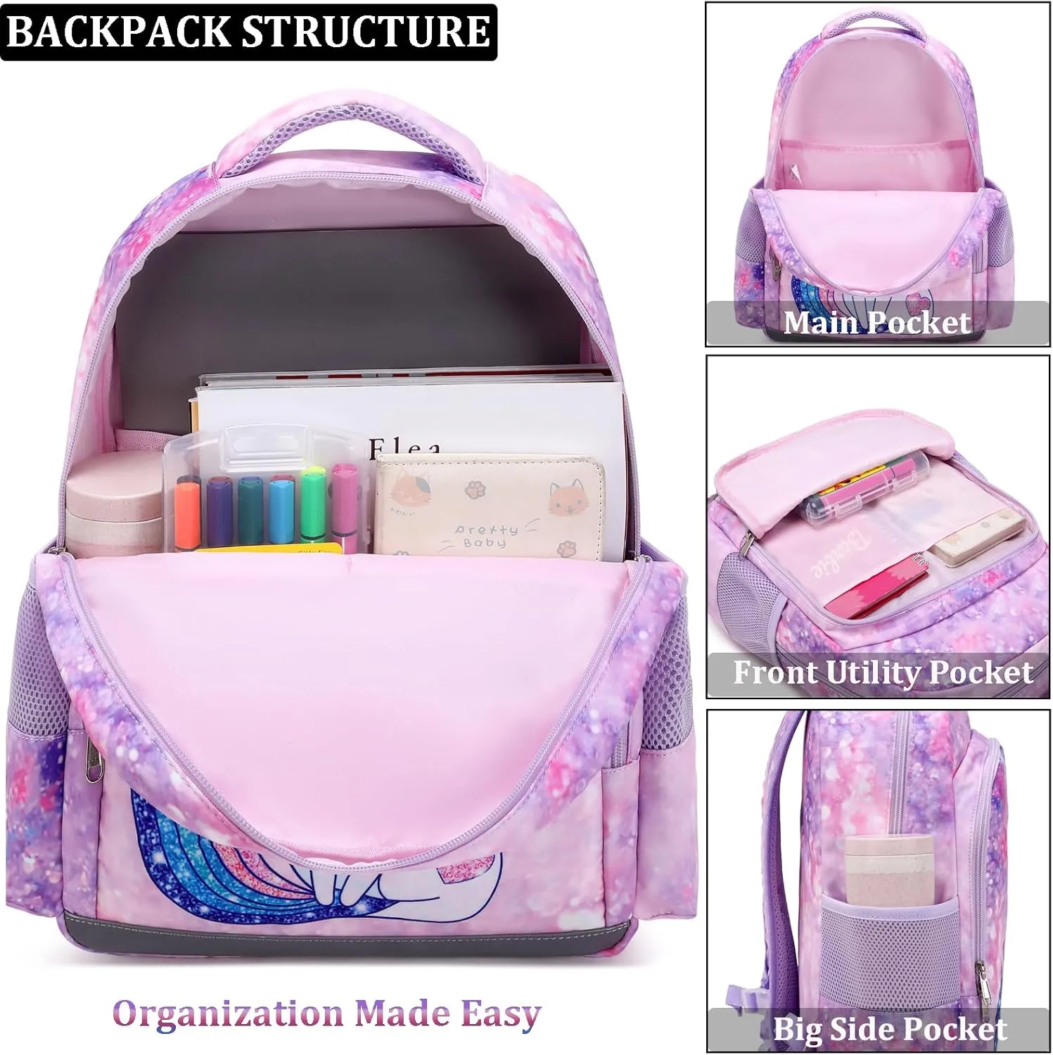 JIANYA Kids Backpack for Girls, Preschool Kindergarten School Bag with Lunch Box & Chest Strap, 15" Tall
