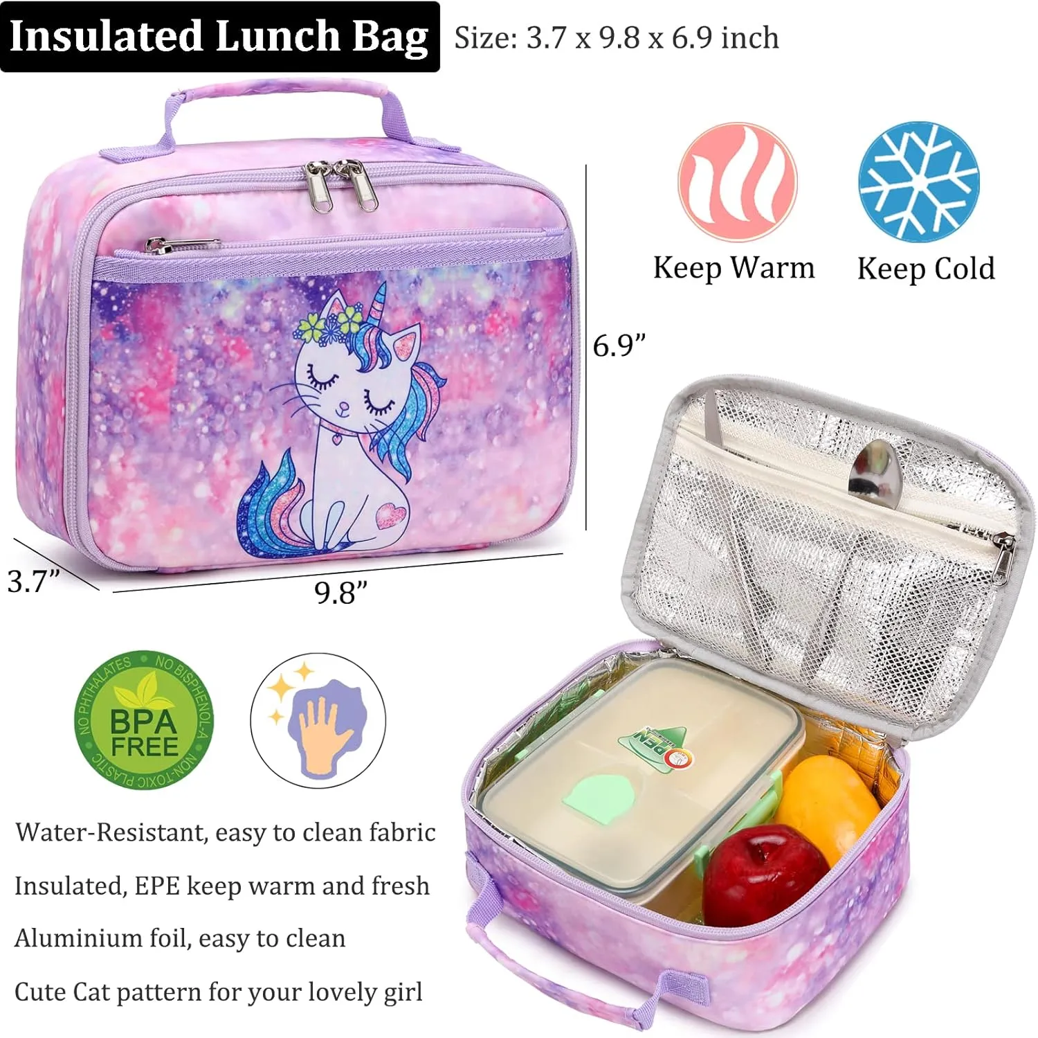 JIANYA Kids Backpack for Girls, Preschool Kindergarten School Bag with Lunch Box & Chest Strap, 15" Tall