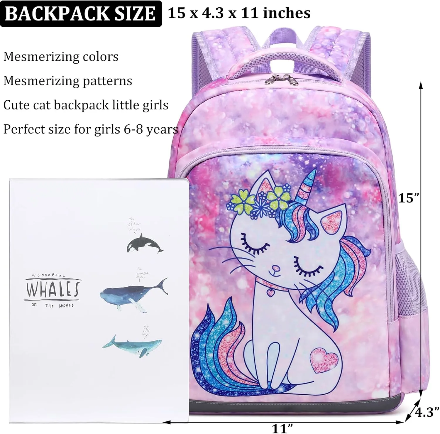 JIANYA Kids Backpack for Girls, Preschool Kindergarten School Bag with Lunch Box & Chest Strap, 15" Tall
