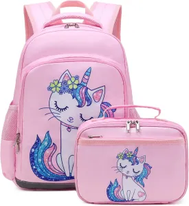 JIANYA Kids Backpack for Girls, Preschool Kindergarten School Bag with Lunch Box & Chest Strap, 15" Tall