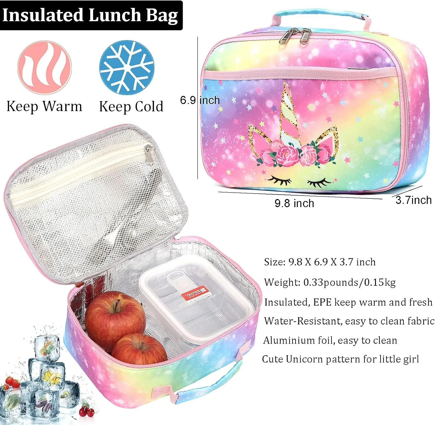 JIANYA Kids Backpack for Girls, Preschool Kindergarten School Bag with Lunch Box & Chest Strap, 15" Tall