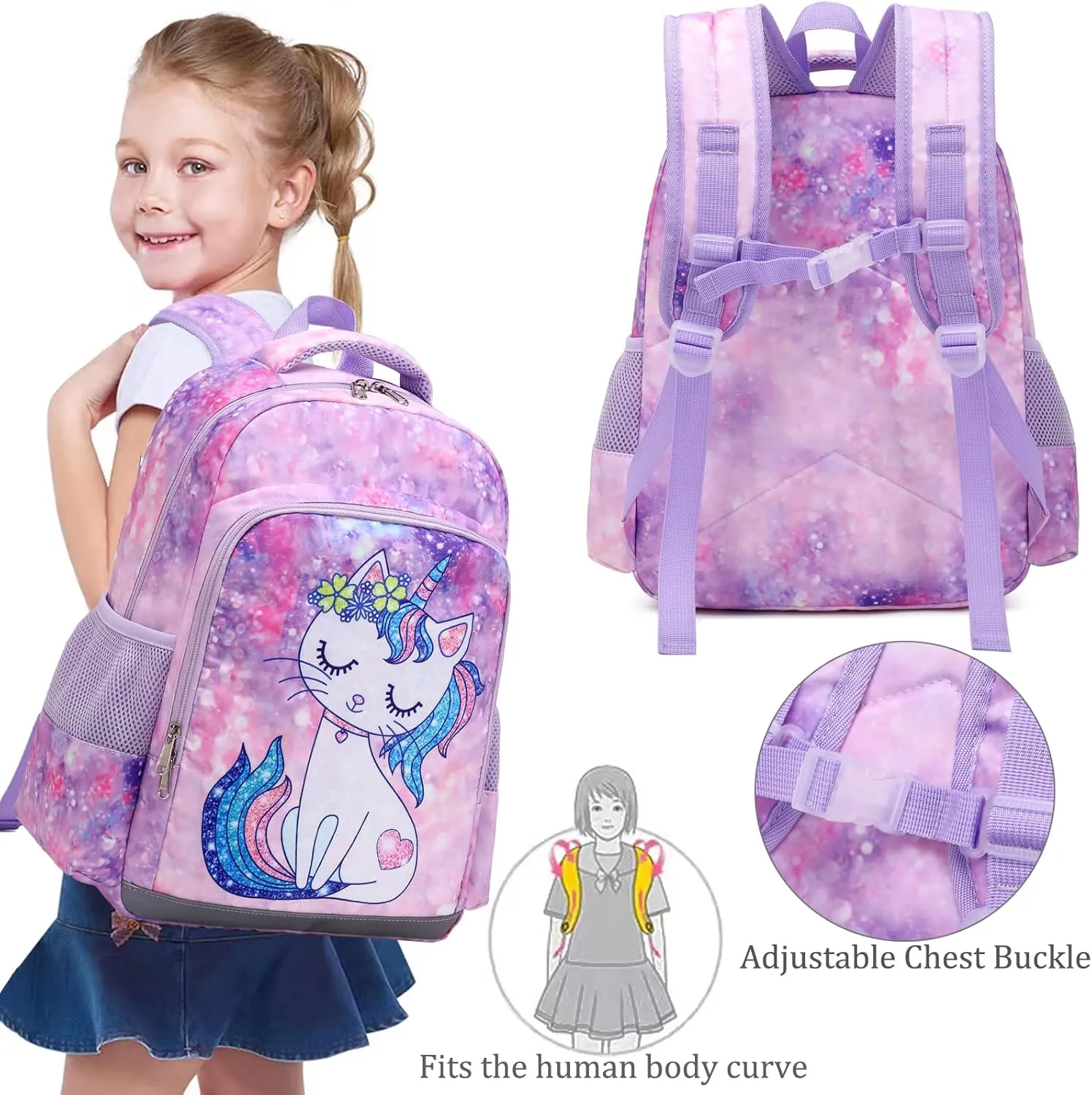 JIANYA Kids Backpack for Girls, Preschool Kindergarten School Bag with Lunch Box & Chest Strap, 15" Tall