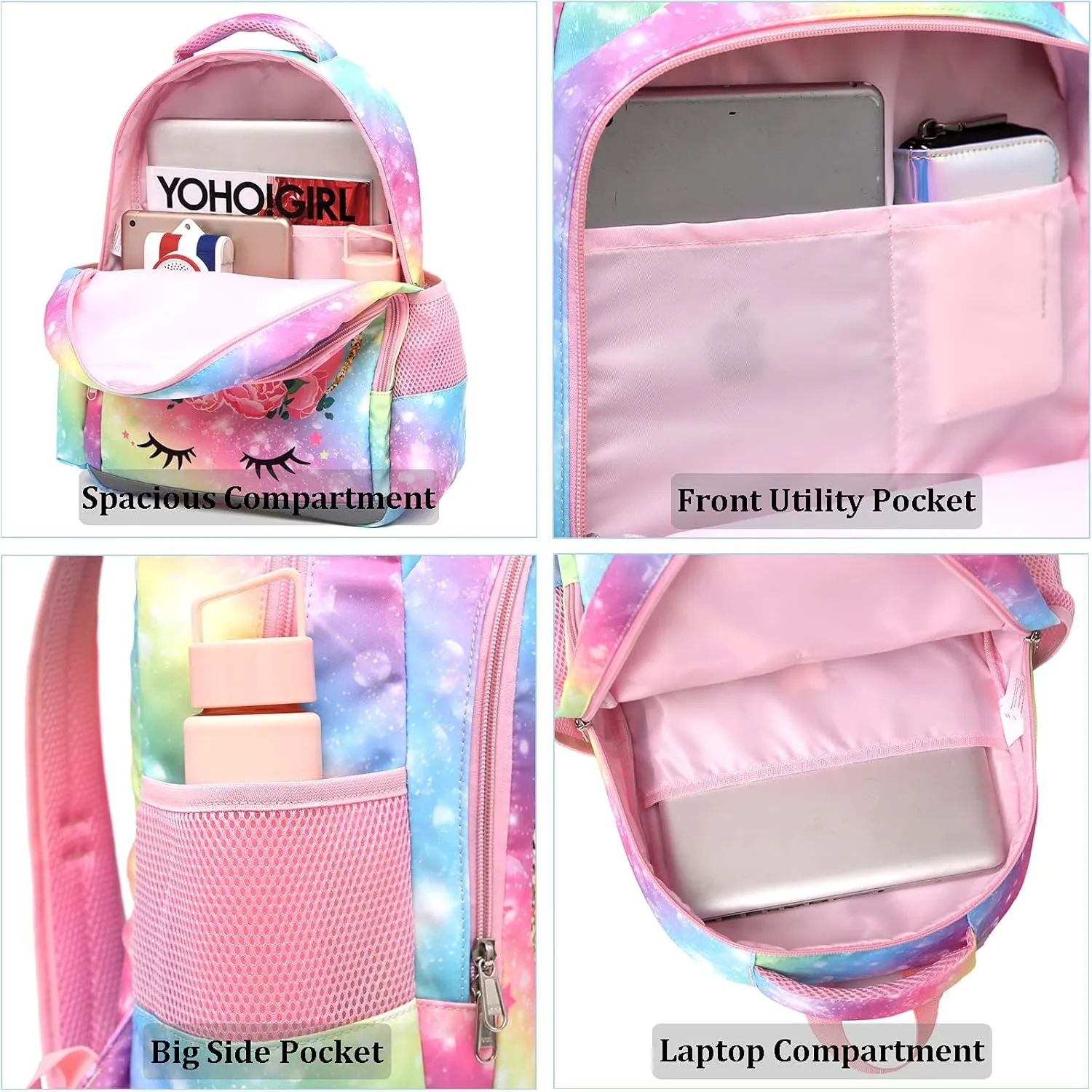 JIANYA Kids Backpack for Girls, Preschool Kindergarten School Bag with Lunch Box & Chest Strap, 15" Tall