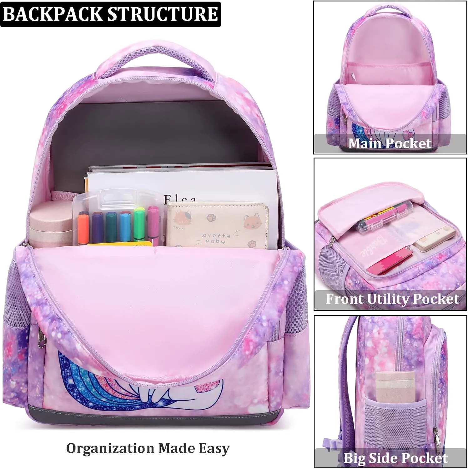 JIANYA Kids Backpack for Girls, Preschool Kindergarten School Bag with Lunch Box & Chest Strap, 15" Tall