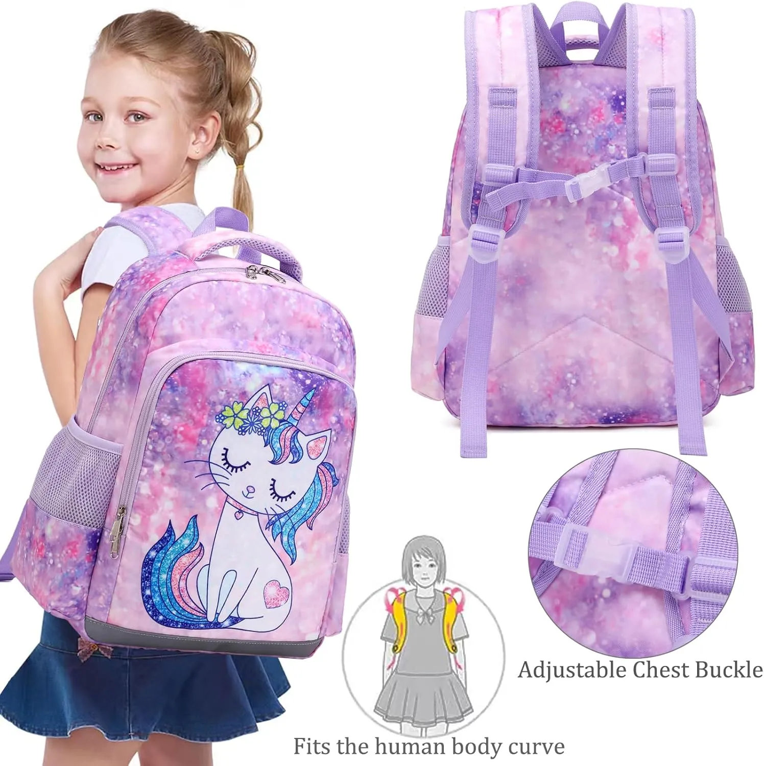 JIANYA Kids Backpack for Girls, Preschool Kindergarten School Bag with Lunch Box & Chest Strap, 15" Tall
