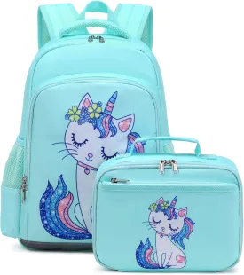 JIANYA Kids Backpack for Girls, Preschool Kindergarten School Bag with Lunch Box & Chest Strap, 15" Tall