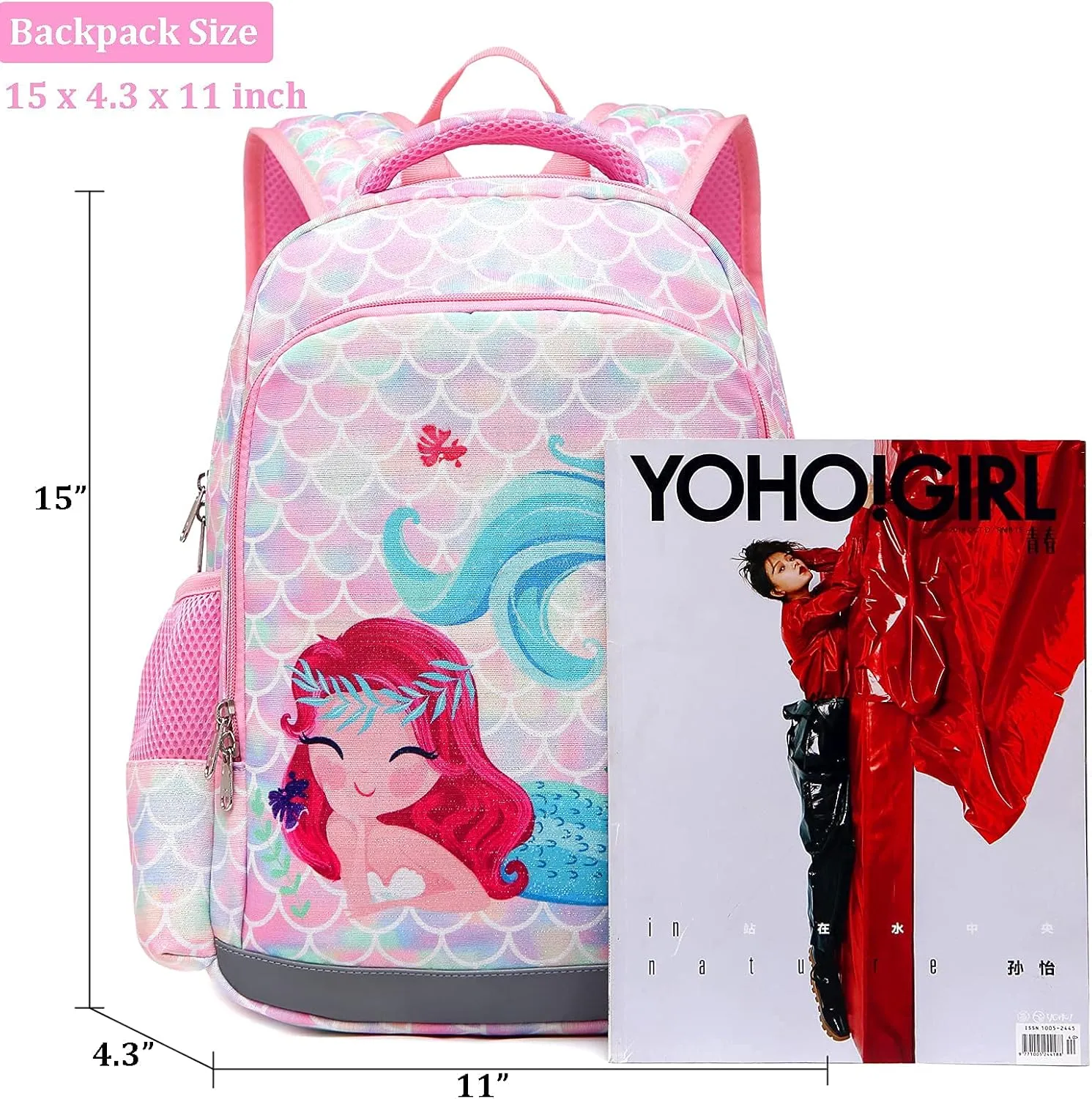 JIANYA Kids Backpack for Girls, Preschool Kindergarten School Bag with Lunch Box & Chest Strap, 15" Tall