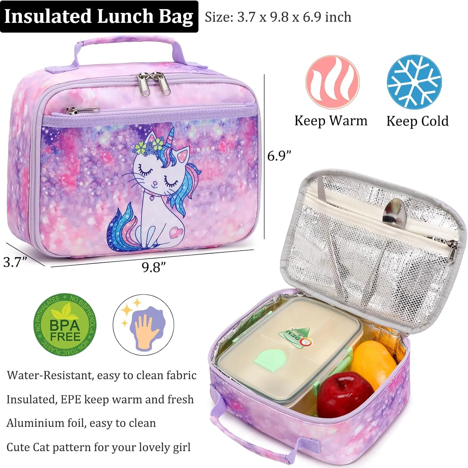 JIANYA Kids Backpack for Girls, Preschool Kindergarten School Bag with Lunch Box & Chest Strap, 15" Tall