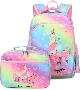 JIANYA Kids Backpack for Girls, Preschool Kindergarten School Bag with Lunch Box & Chest Strap, 15" Tall