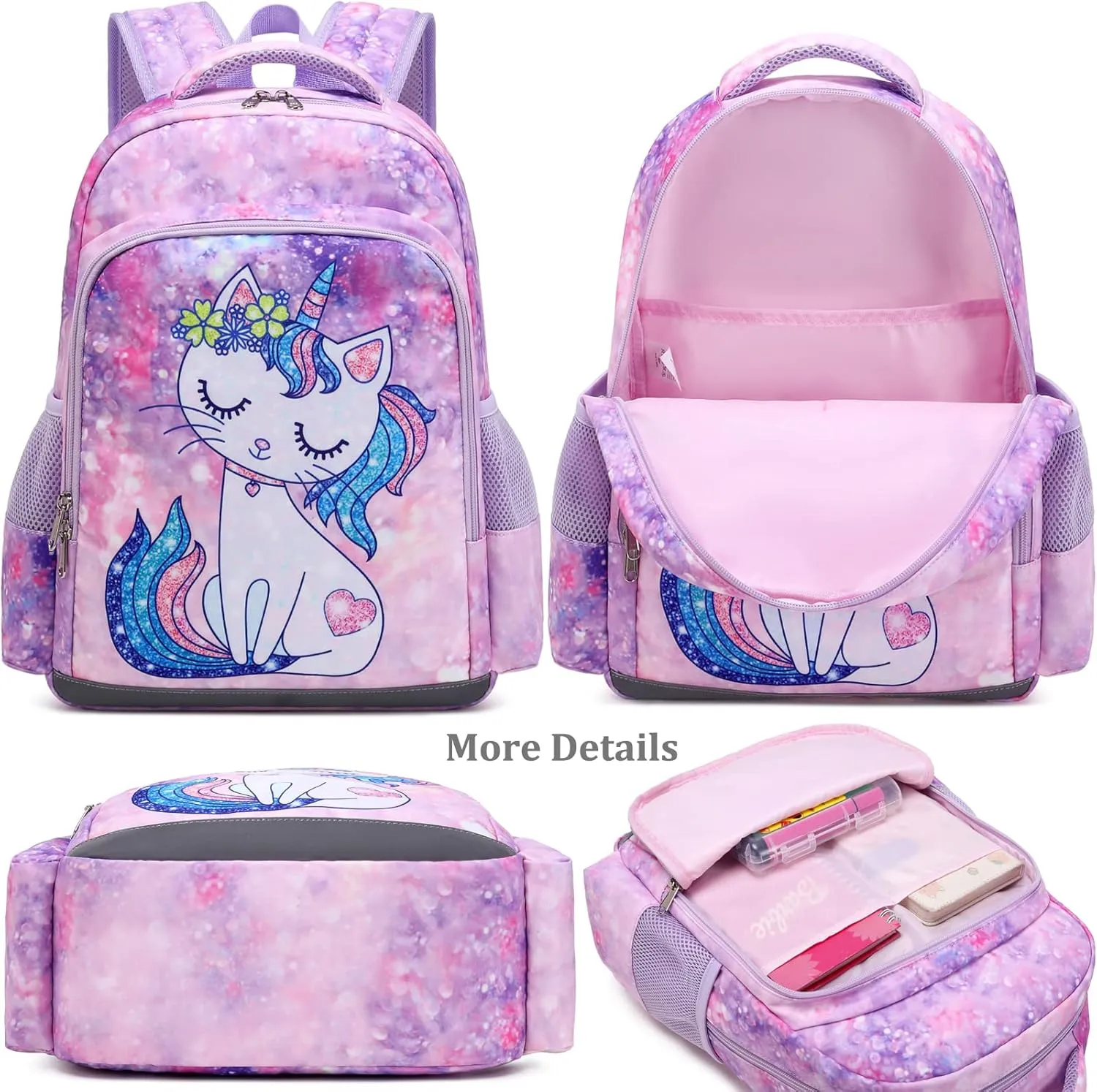 JIANYA Kids Backpack for Girls, Preschool Kindergarten School Bag with Lunch Box & Chest Strap, 15" Tall