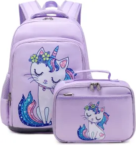 JIANYA Kids Backpack for Girls, Preschool Kindergarten School Bag with Lunch Box & Chest Strap, 15" Tall