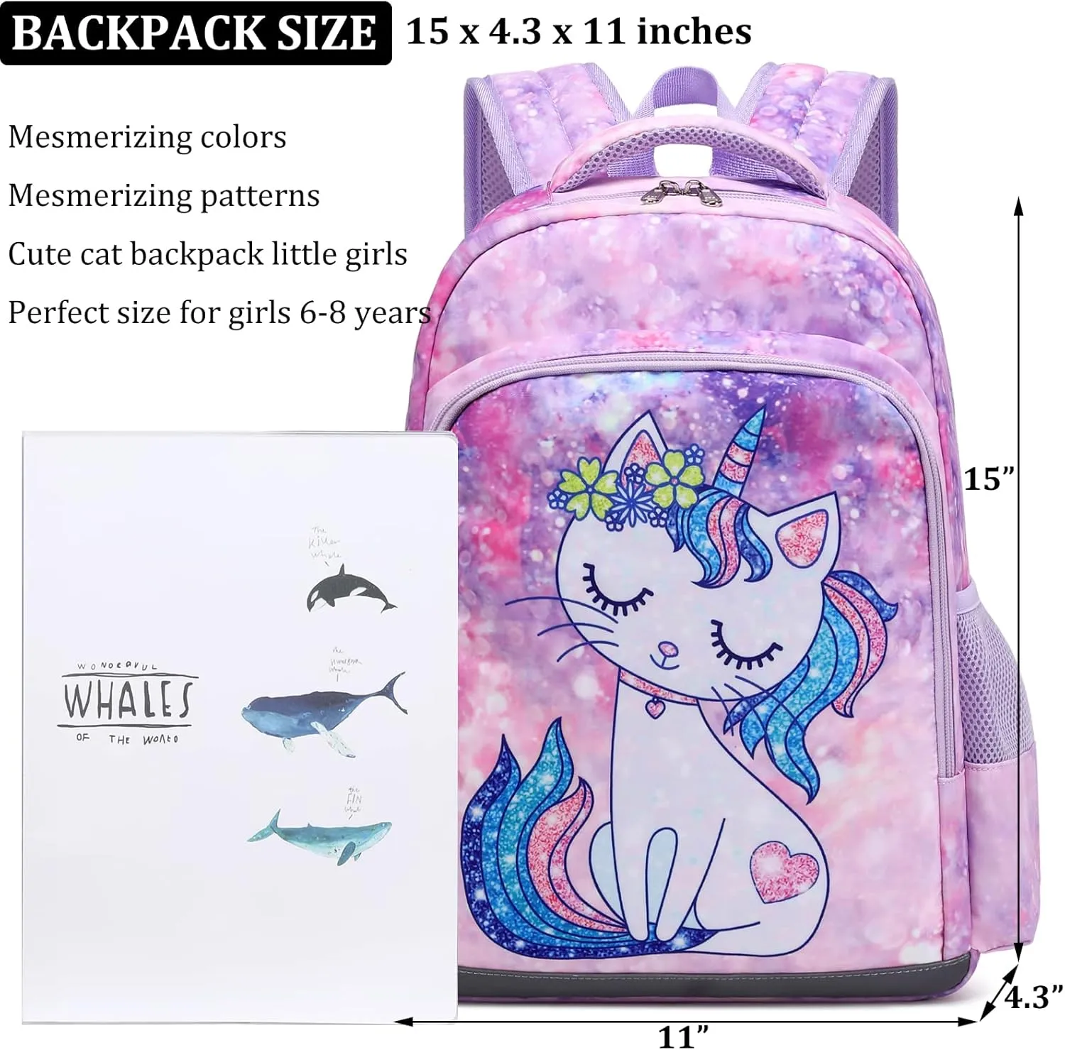 JIANYA Kids Backpack for Girls, Preschool Kindergarten School Bag with Lunch Box & Chest Strap, 15" Tall