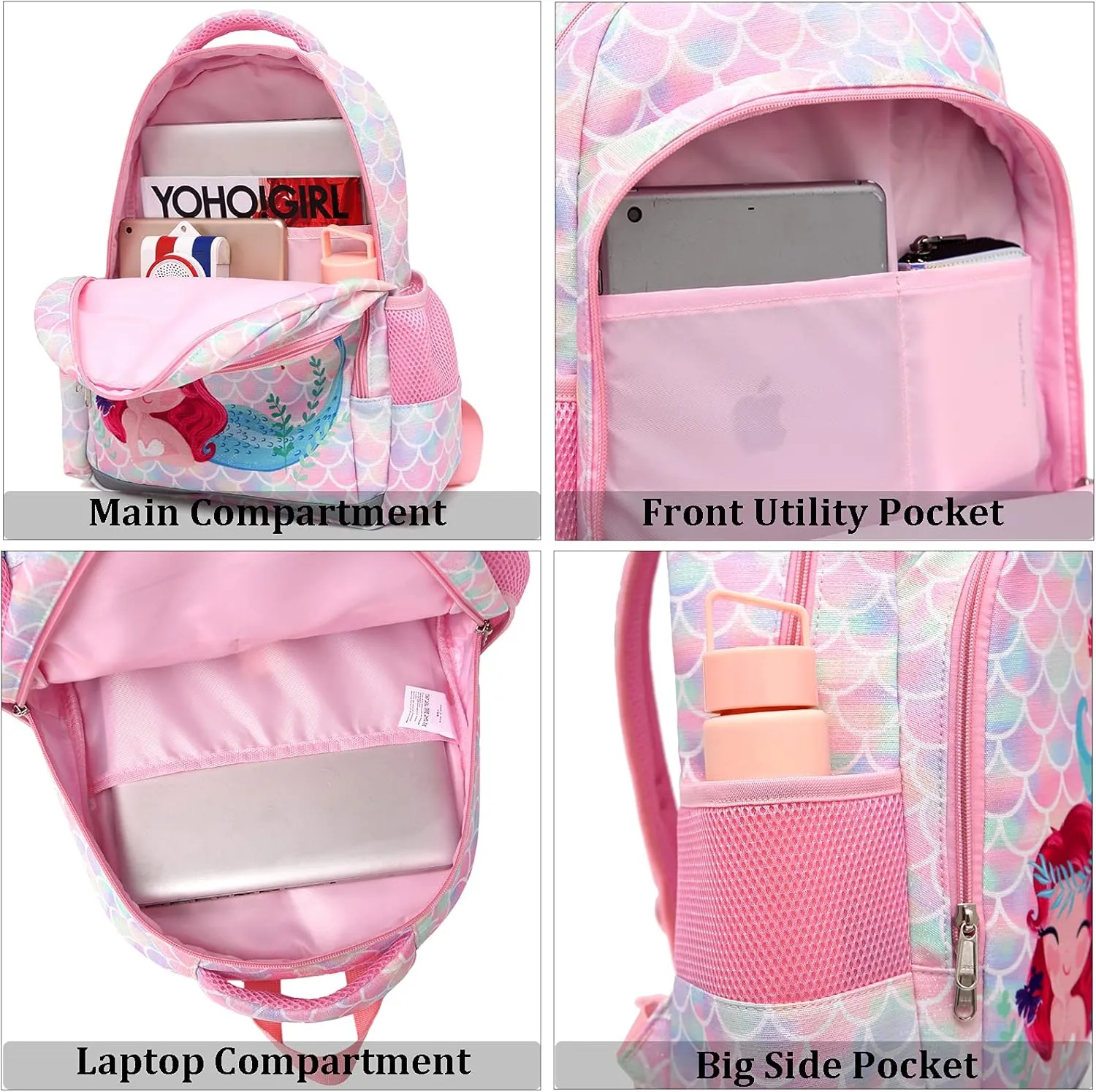 JIANYA Kids Backpack for Girls, Preschool Kindergarten School Bag with Lunch Box & Chest Strap, 15" Tall