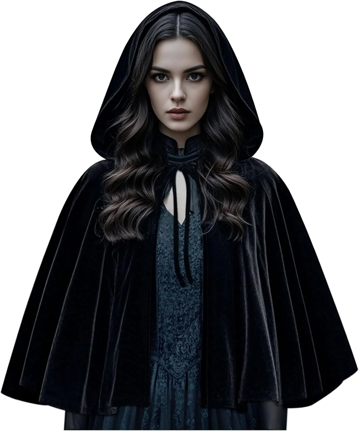 Joukavor Medieval Velvet Cape with Hood Women Short Renaissance Hooded Cape Shawl