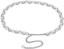JSEIAJB Pearl Chain Waist Chain Women's Dress Accessories Versatile Waist Closing Chain Beaded Belt(White-Fruit peach5)