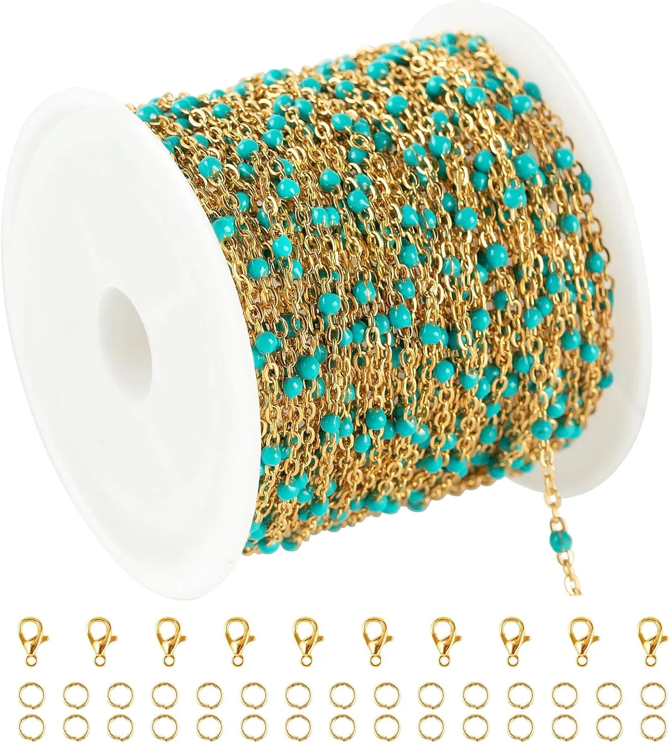 KYUNHOO 16.4 Feet Gold Plated Chain for Jewelry Making Turquoise Beaded Rosary Spool Stainless Steel Chains for Necklace Ankle Earring DIY Jewelry Findings