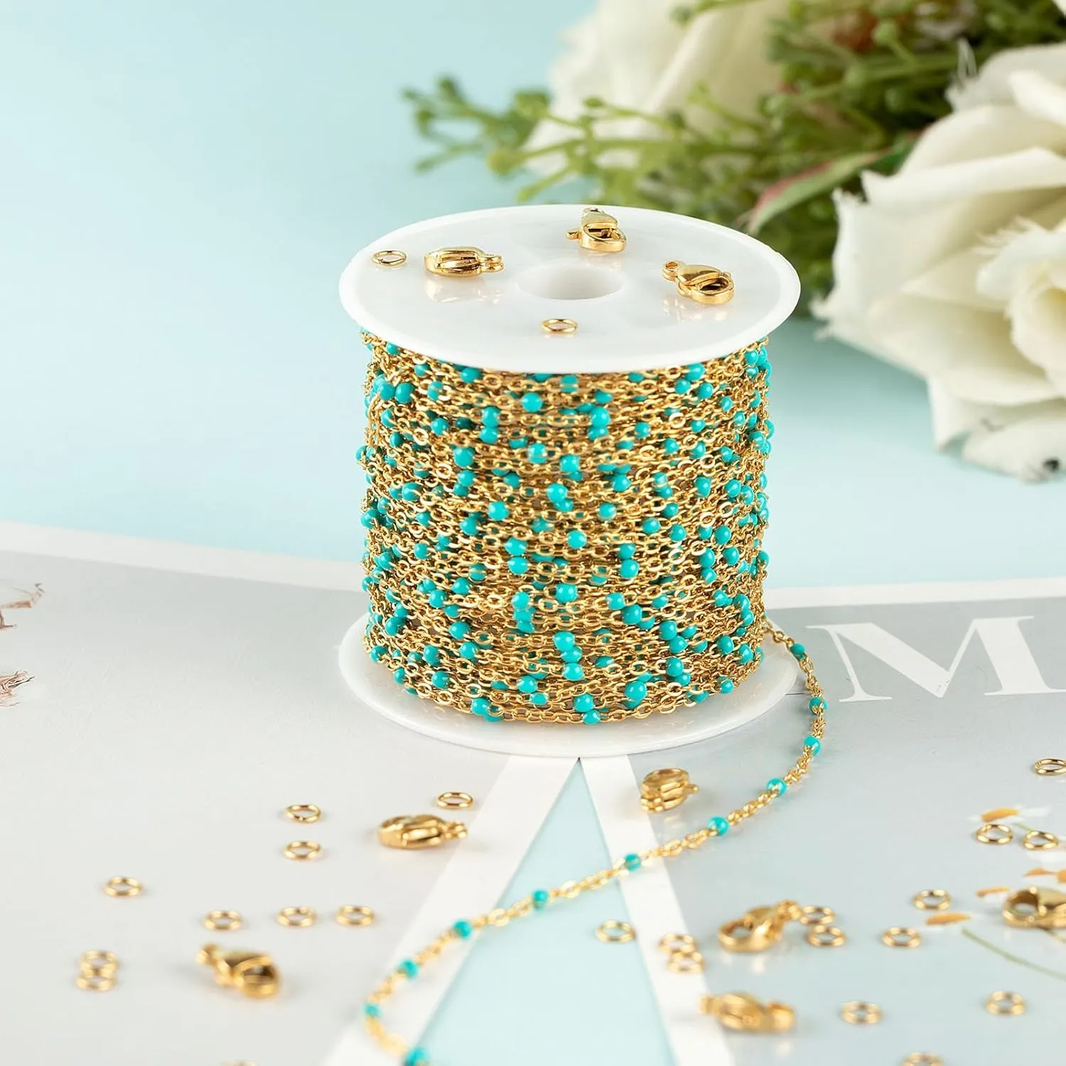 KYUNHOO 16.4 Feet Gold Plated Chain for Jewelry Making Turquoise Beaded Rosary Spool Stainless Steel Chains for Necklace Ankle Earring DIY Jewelry Findings