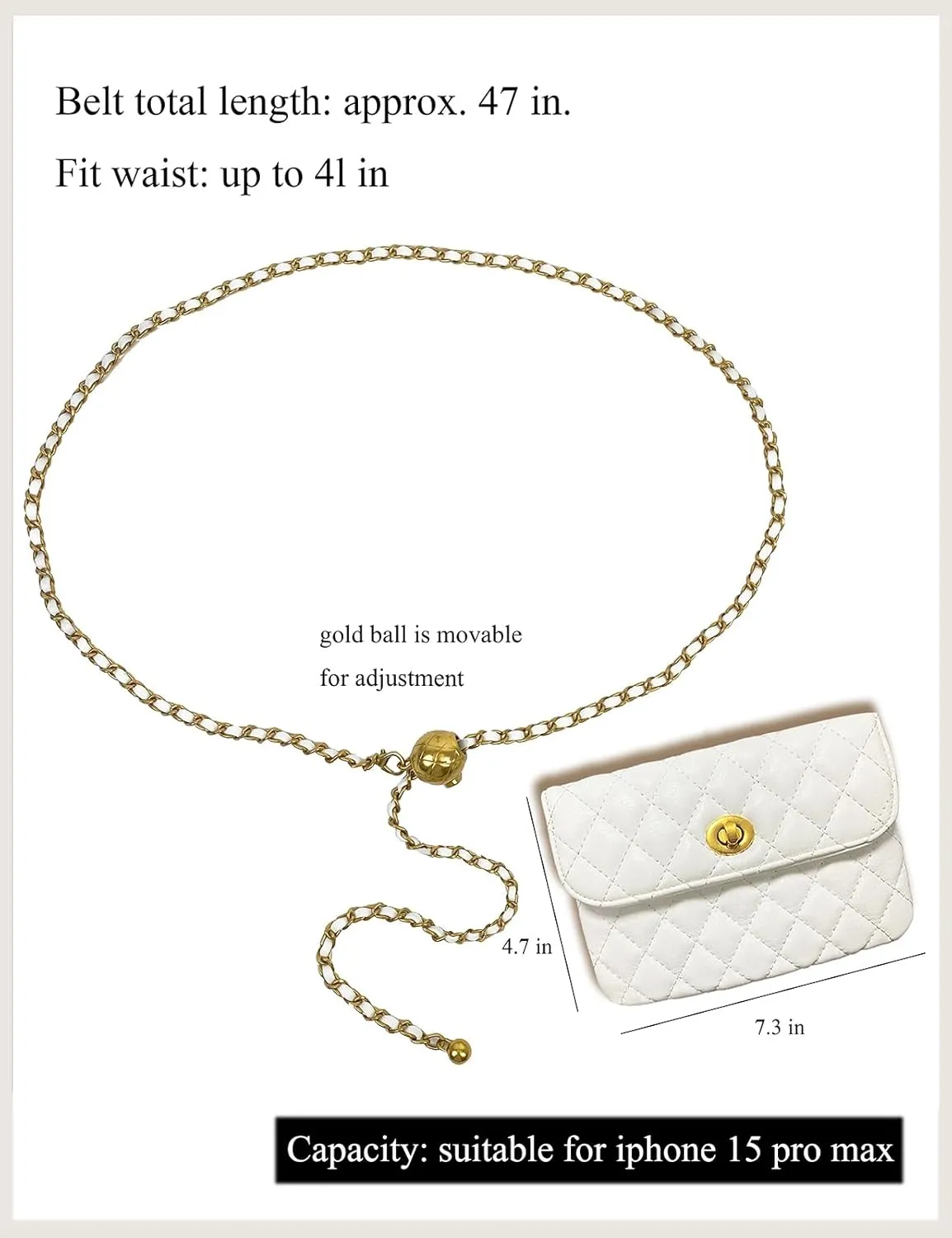 Leather Chain Belt Bag for Women White Crossbody Waist Purse Fanny Pack Fashion Evening Clutch Handbag Detachable