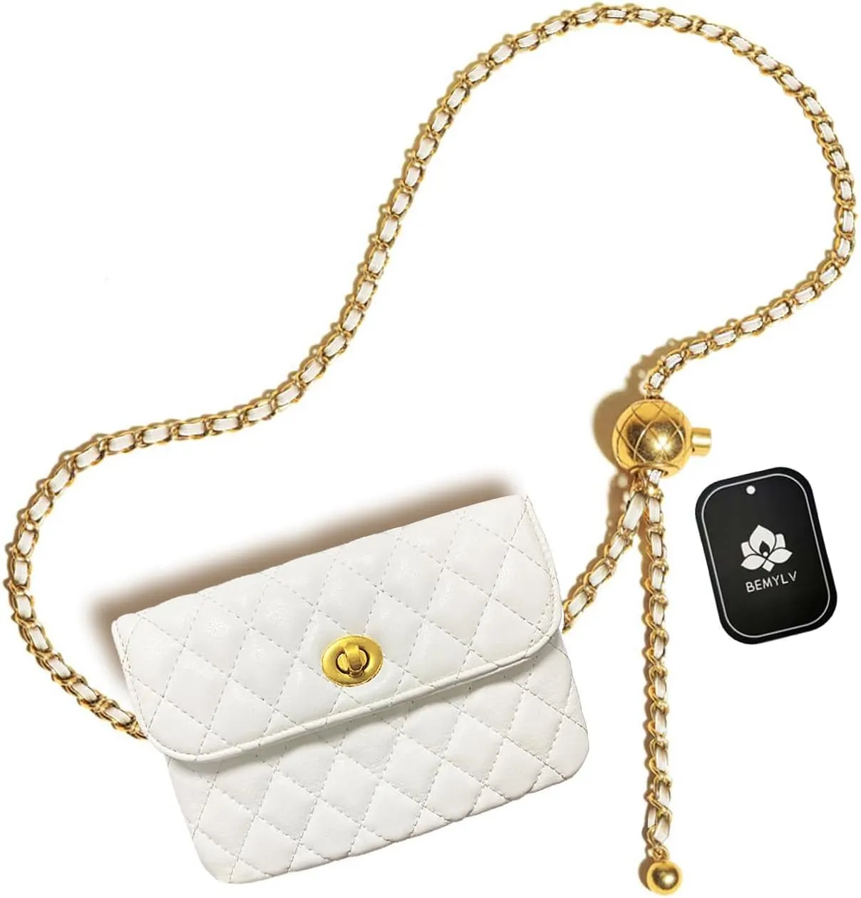 Leather Chain Belt Bag for Women White Crossbody Waist Purse Fanny Pack Fashion Evening Clutch Handbag Detachable