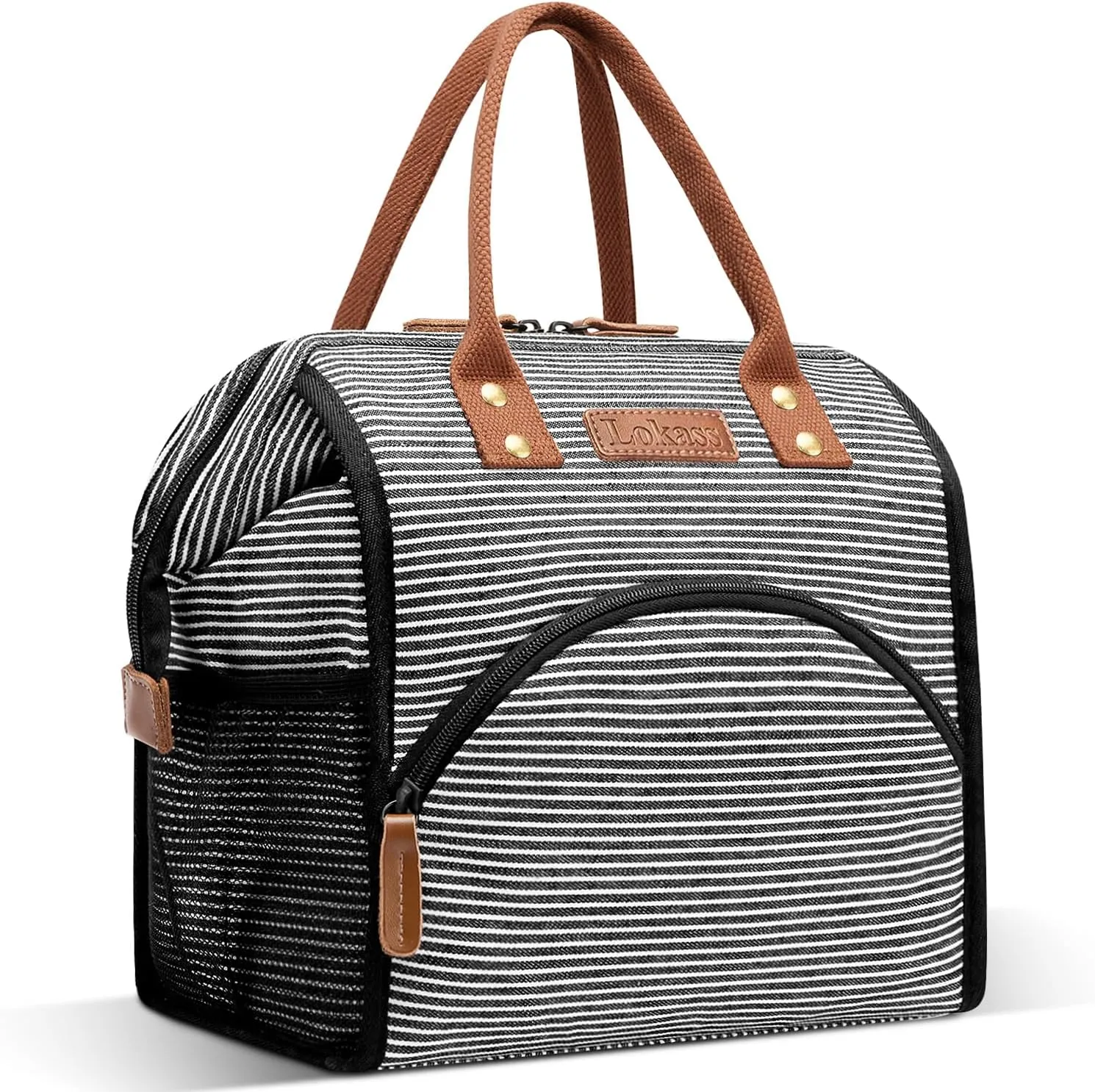 LOKASS Lunch Bag Insulated Lunch Box Wide-Open Lunch Tote Bag Large Drinks Holder Durable Canvas Thermal Snack Organizer for Women Men Adults Work Picnic Hiking Beach Fishing,Stripes