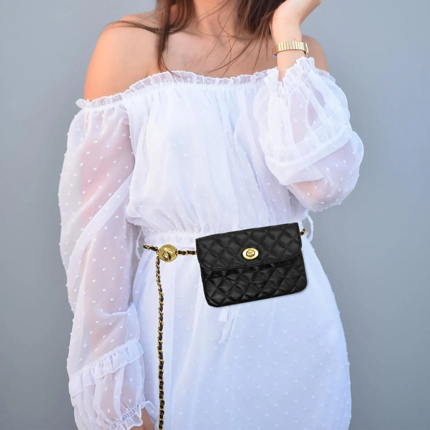 Long Keeper Leather Waist Bag - Women Mini Chain Belt Bag Travel Small Purse Fanny Pack Detachable Adjustable Belt (Small Black(5.1 x 7.1 in))