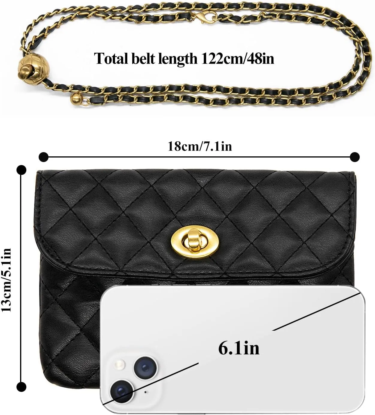 Long Keeper Leather Waist Bag - Women Mini Chain Belt Bag Travel Small Purse Fanny Pack Detachable Adjustable Belt (Small Black(5.1 x 7.1 in))