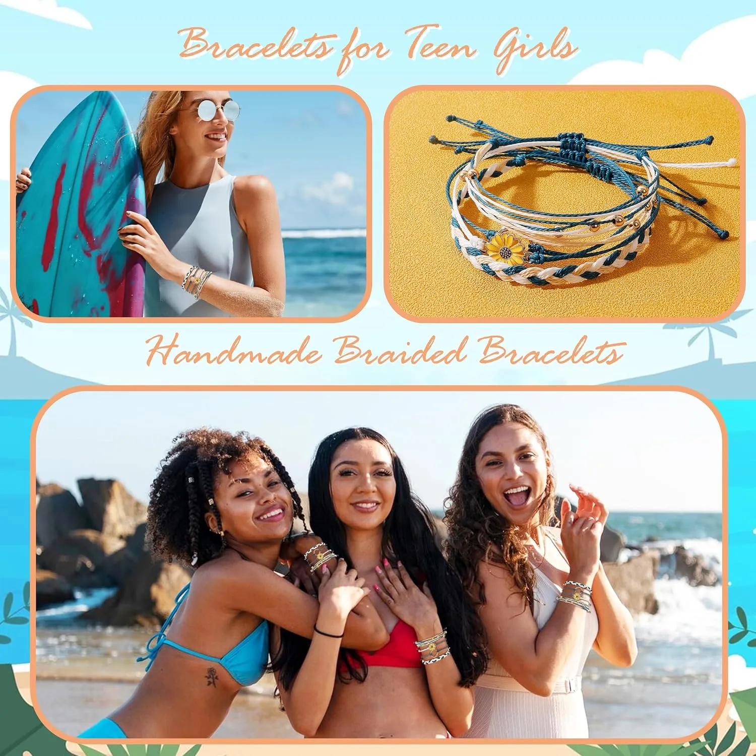 Long tiantian String Bracelets for Women Cute Boho Bracelets Friendship Bracelet Waterproof Summer Outfits Adjustable Wave Surfer Beach Bracelet