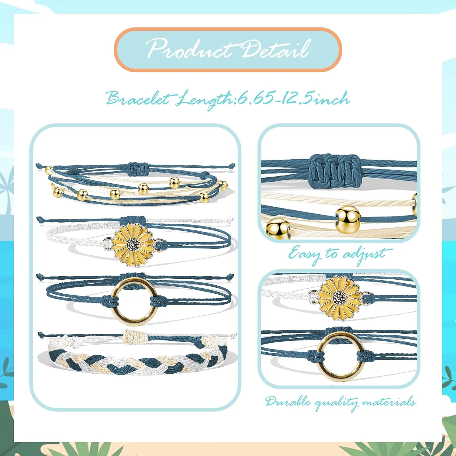 Long tiantian String Bracelets for Women Cute Boho Bracelets Friendship Bracelet Waterproof Summer Outfits Adjustable Wave Surfer Beach Bracelet