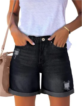 luvamia Women's Casual Ripped Denim Shorts High Rise Distressed Rolled Hem Jeans Shorts