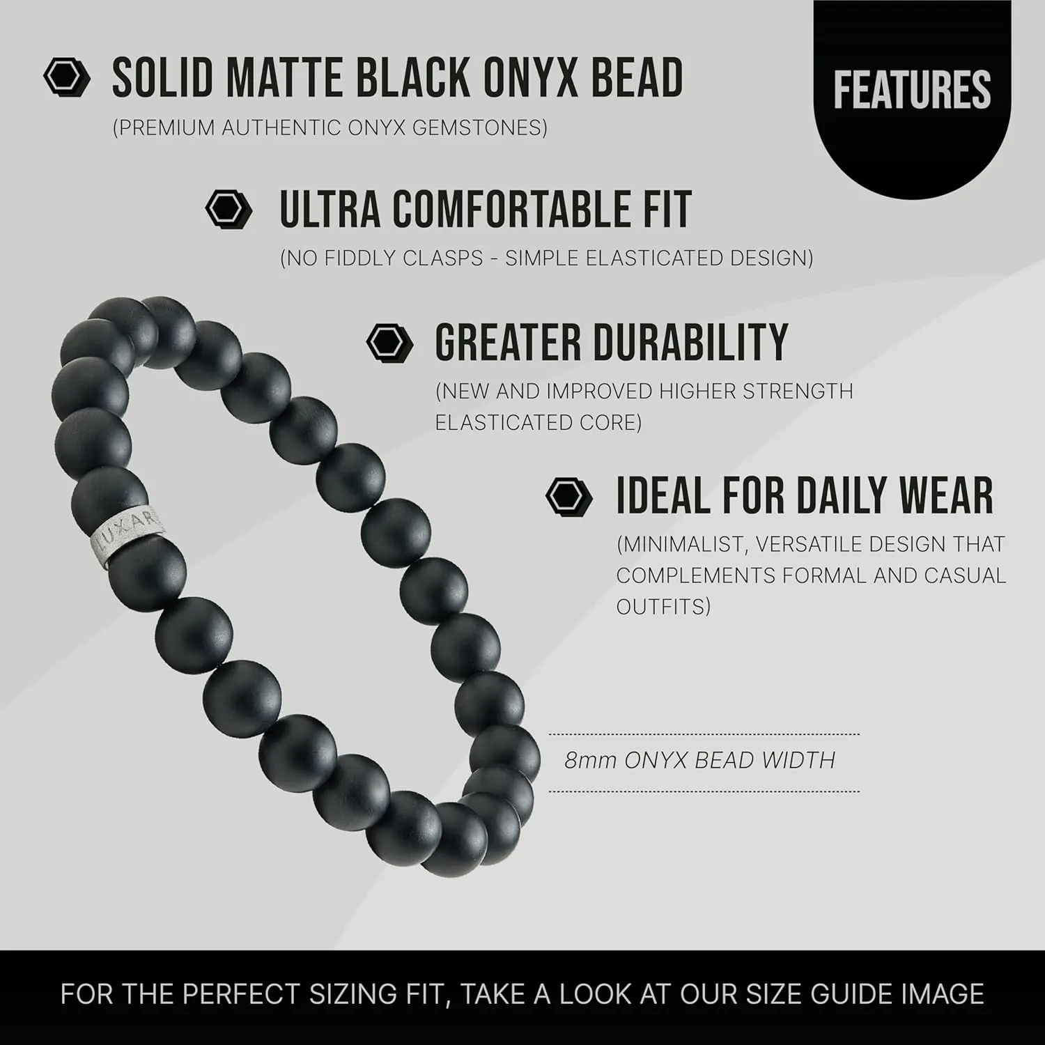 LUXAR Mens Black Onyx Stone Bead Bracelets | Matte Black 8mm Stone | Minimalist, Designer Jewelry for Men