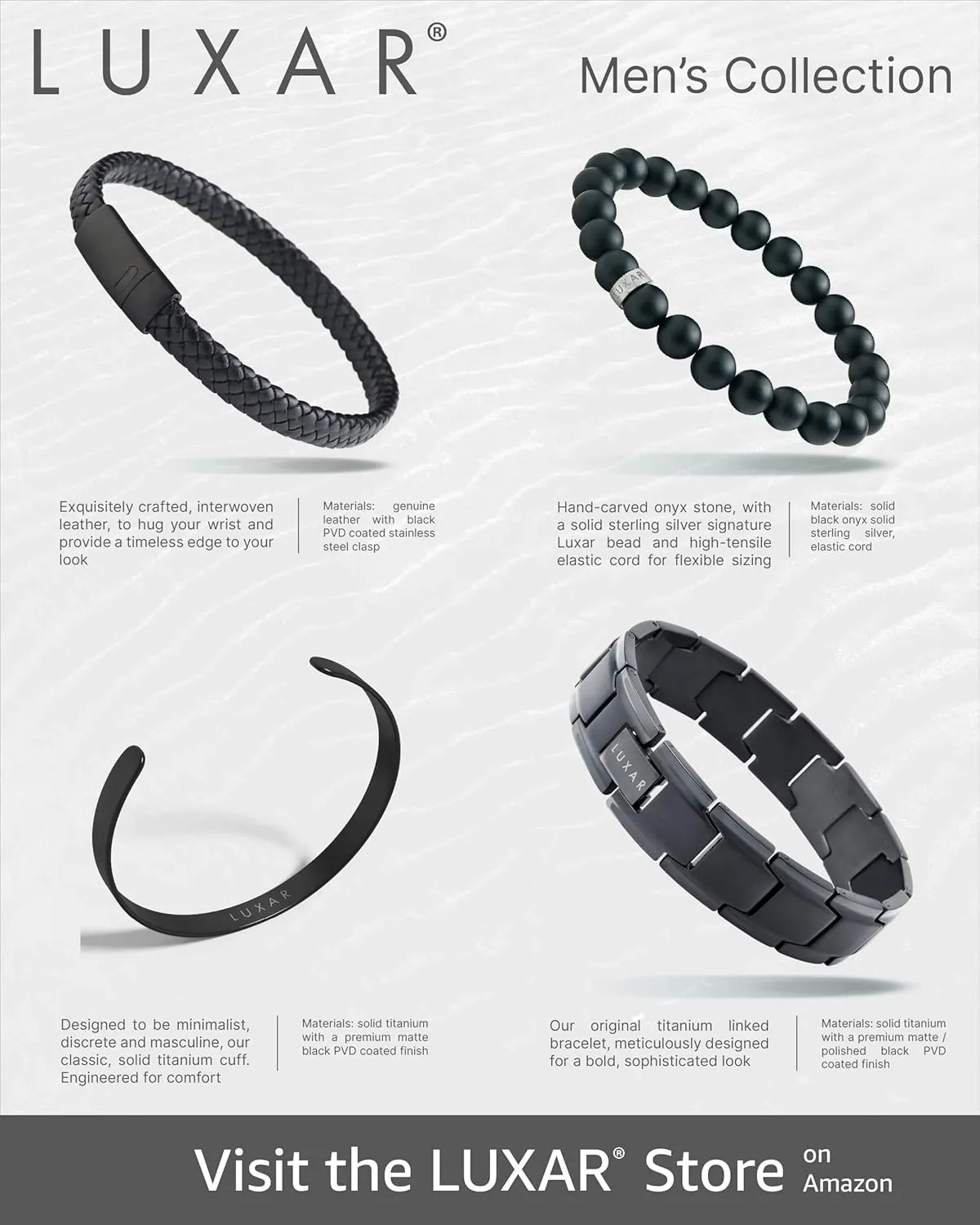 LUXAR Mens Black Onyx Stone Bead Bracelets | Matte Black 8mm Stone | Minimalist, Designer Jewelry for Men