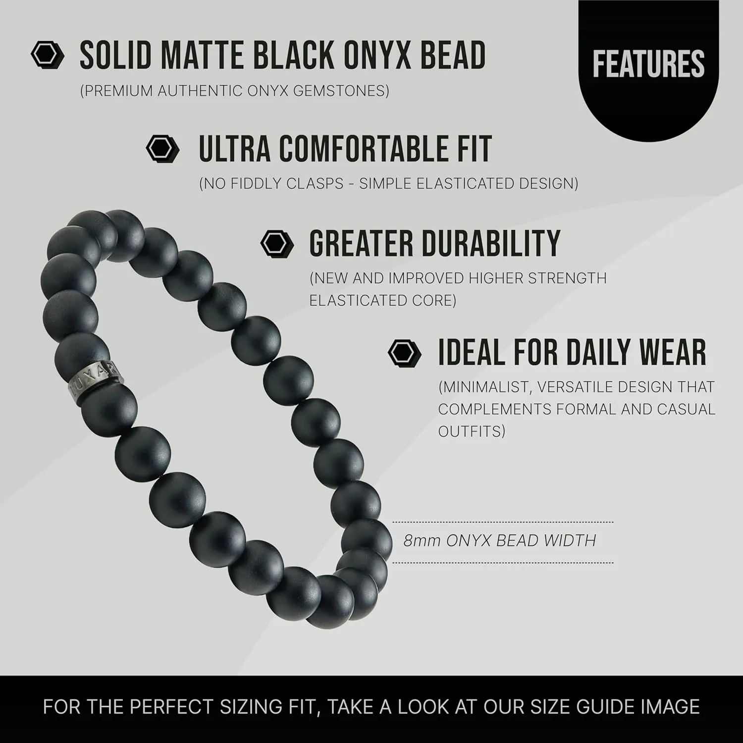 LUXAR Mens Black Onyx Stone Bead Bracelets | Matte Black 8mm Stone | Minimalist, Designer Jewelry for Men