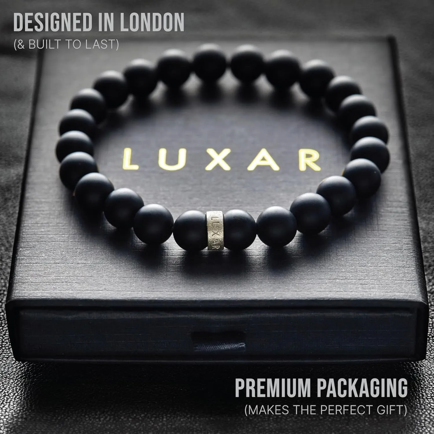 LUXAR Mens Black Onyx Stone Bead Bracelets | Matte Black 8mm Stone | Minimalist, Designer Jewelry for Men