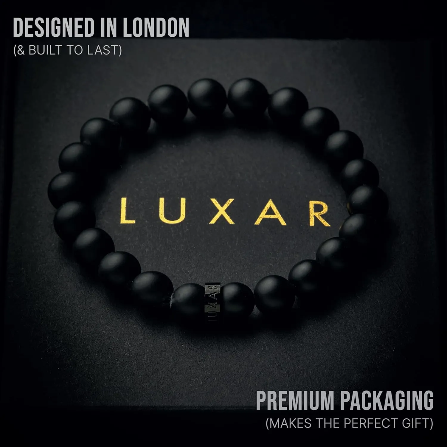 LUXAR Mens Black Onyx Stone Bead Bracelets | Matte Black 8mm Stone | Minimalist, Designer Jewelry for Men