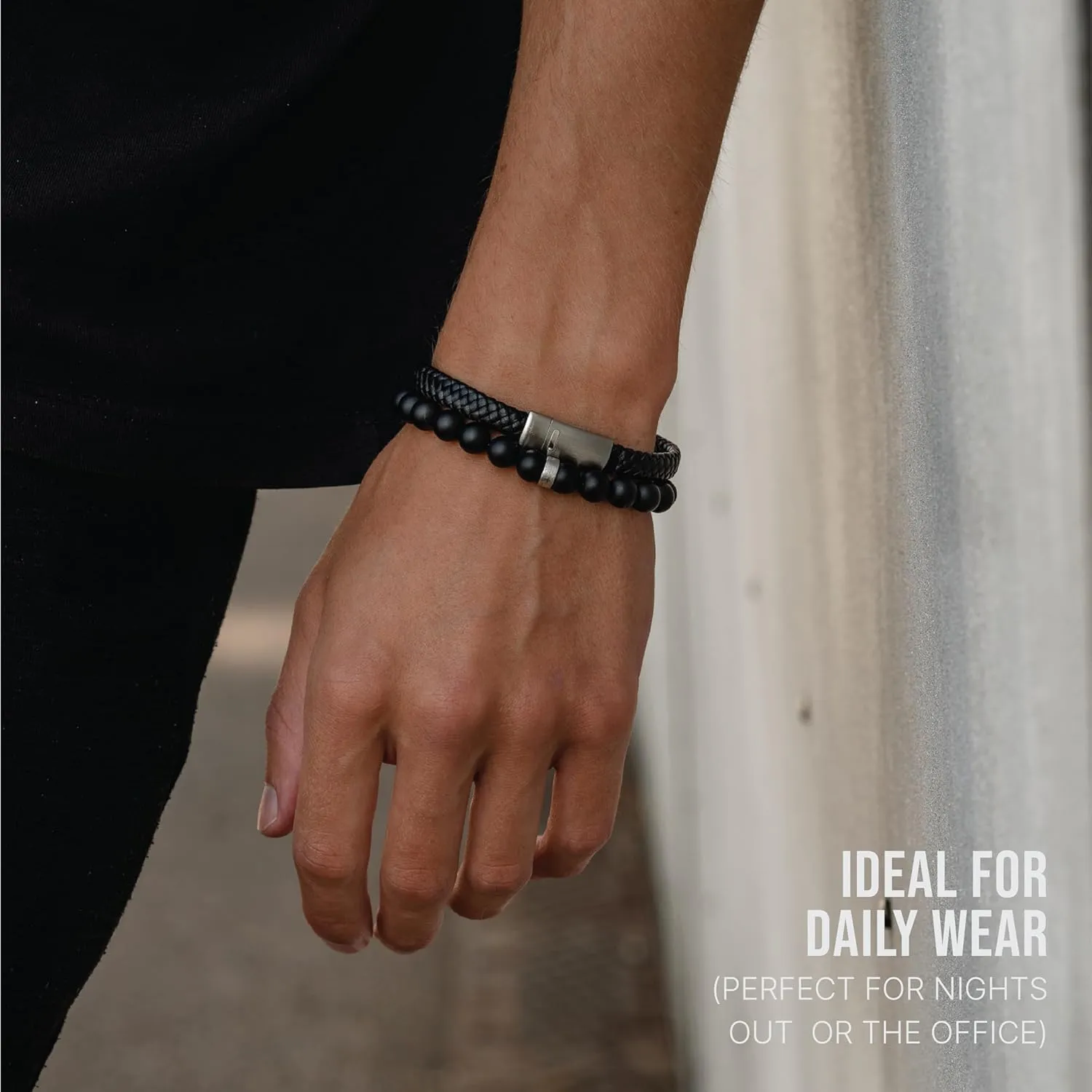 LUXAR Mens Black Onyx Stone Bead Bracelets | Matte Black 8mm Stone | Minimalist, Designer Jewelry for Men