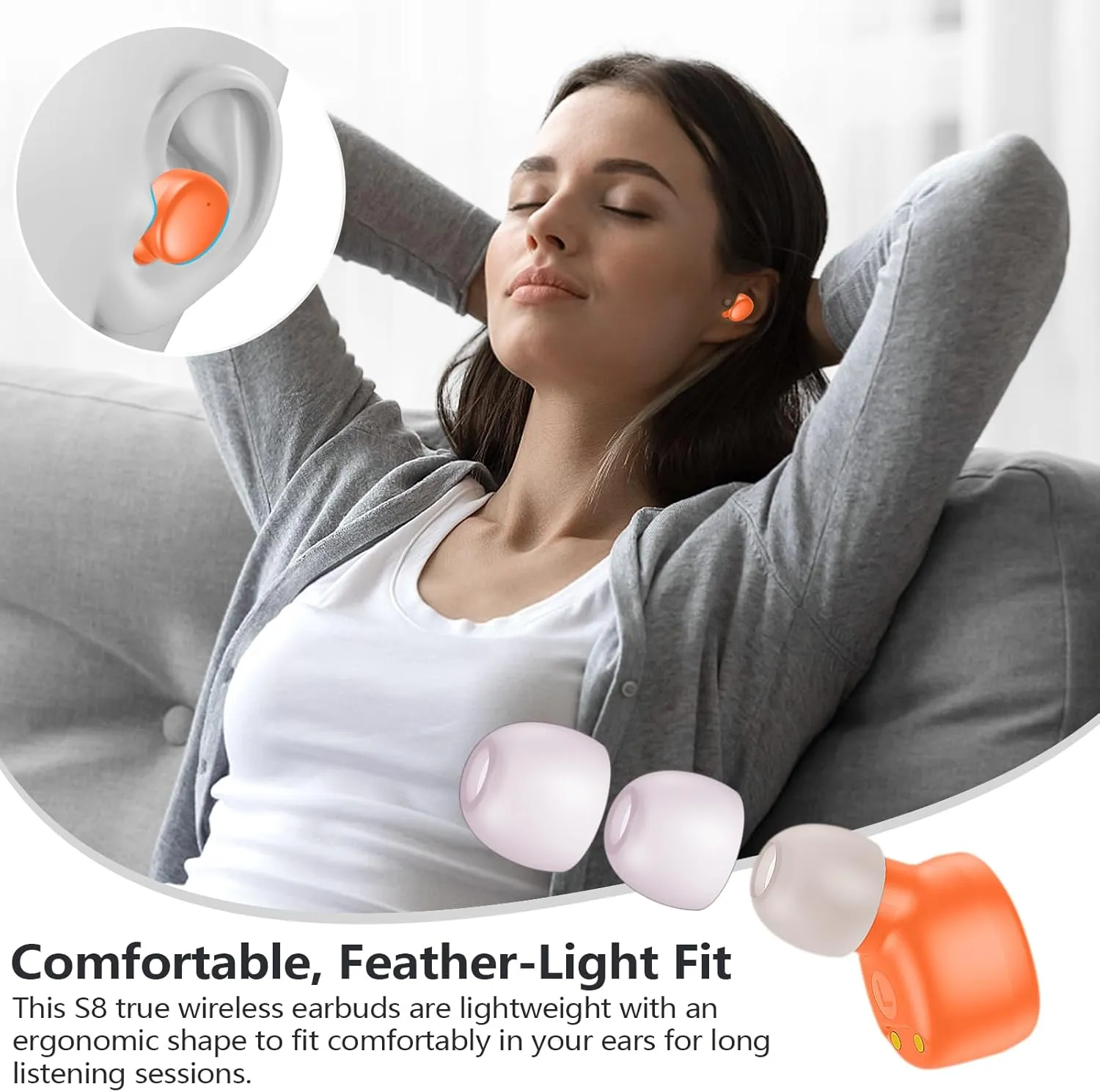 MOZOTER S8 Mini Wireless Earbuds Bluetooth 5.3 in Ear Light-Weight Headphones,60Hrs Playtime Ear Buds with Charging Case,Bluetooth Headsets,Premium Sound with Deep Bass for Sport-Orange