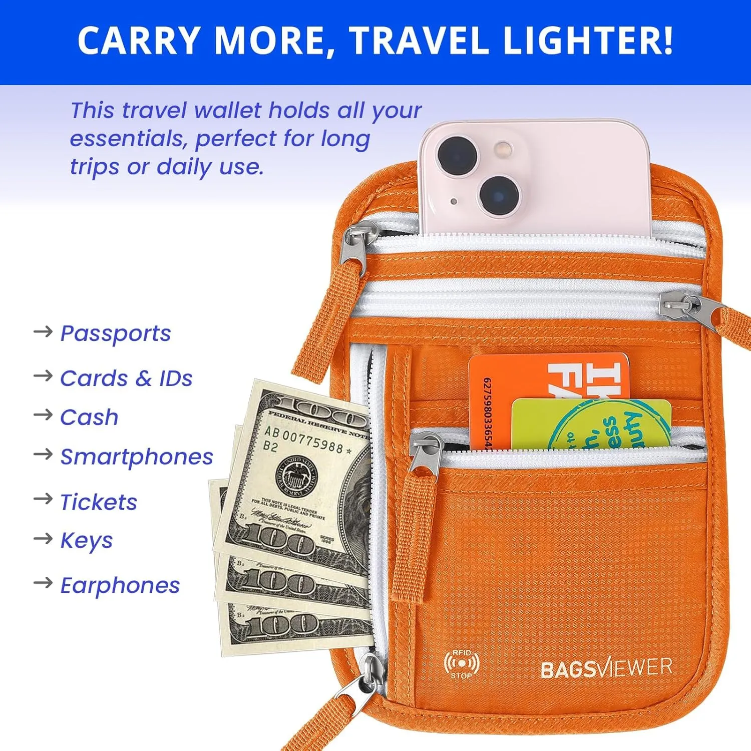 Neck Wallet, RFID Blocking Passport Holder for Travel, Waterproof and Slim Pouch with Adjustable Neck Strap for Men, Women to Secure Cash and Credit Cards, 8"  8.5"
